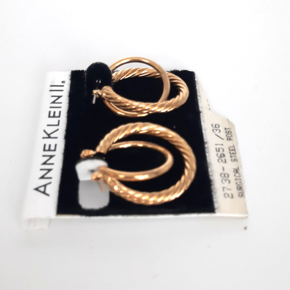 Anne Klein Vintage Made In Korea Gold Intertwined Double Hoop Earrings NOS - Picture 2 of 5